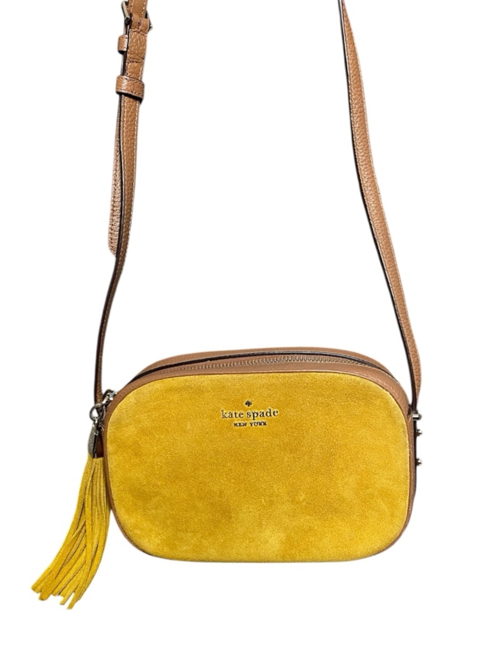 Kate Spade Yellow Suede Brown Leather Kourtney Camera Adjustable Crossbody Bag